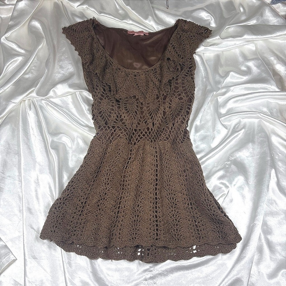 y2k Bandolino Crochet Top Brown Excellent Sleeveless Peplum Knit L